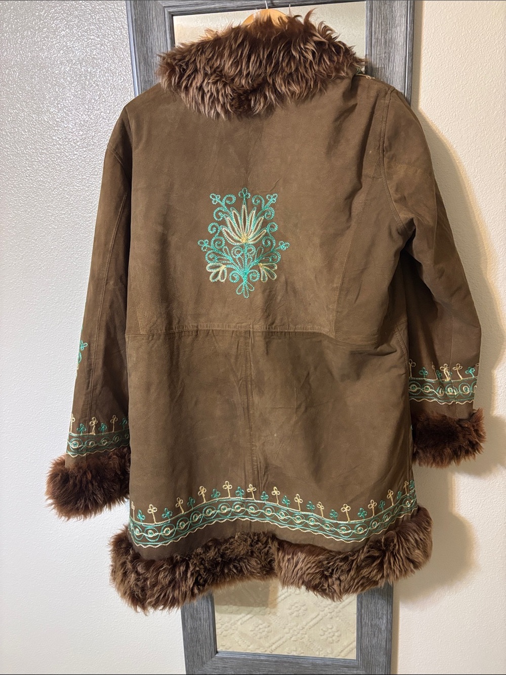 Penny lane Bohemian Embroidered Faux-Fur Trim Brown Coat - Picture 3 of 8